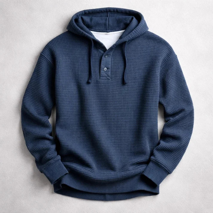 Men's Waffle-Knit Hooded Pullover with Henley Button Placket 0