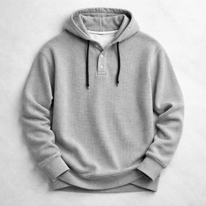 Men's Waffle-Knit Hooded Pullover with Henley Button Placket 2