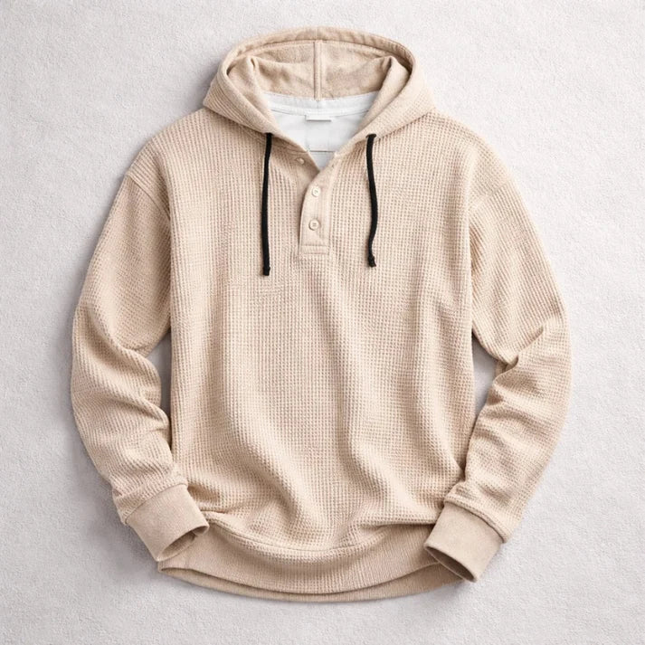 Men's Waffle-Knit Hooded Pullover with Henley Button Placket 3