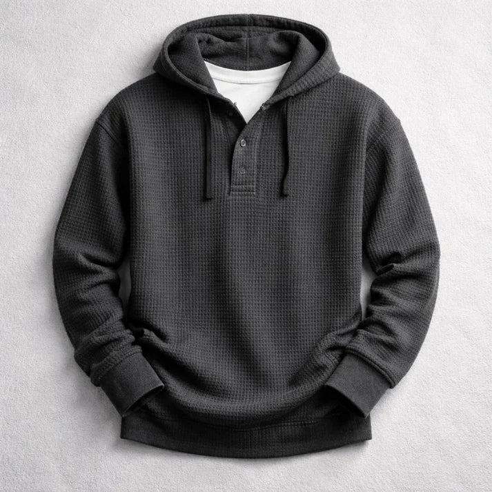 Men's Waffle-Knit Hooded Pullover with Henley Button Placket 5