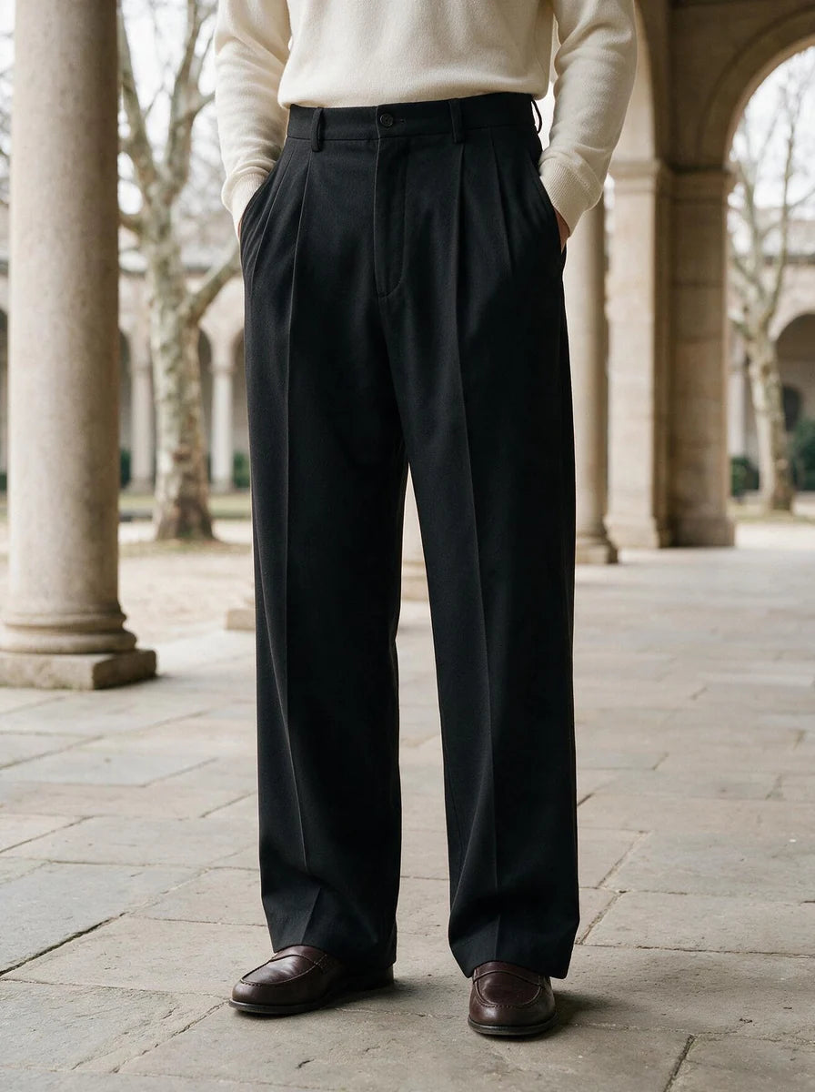 Men's Wide Leg Pleated Dress Pants with Tailored Waistband 3