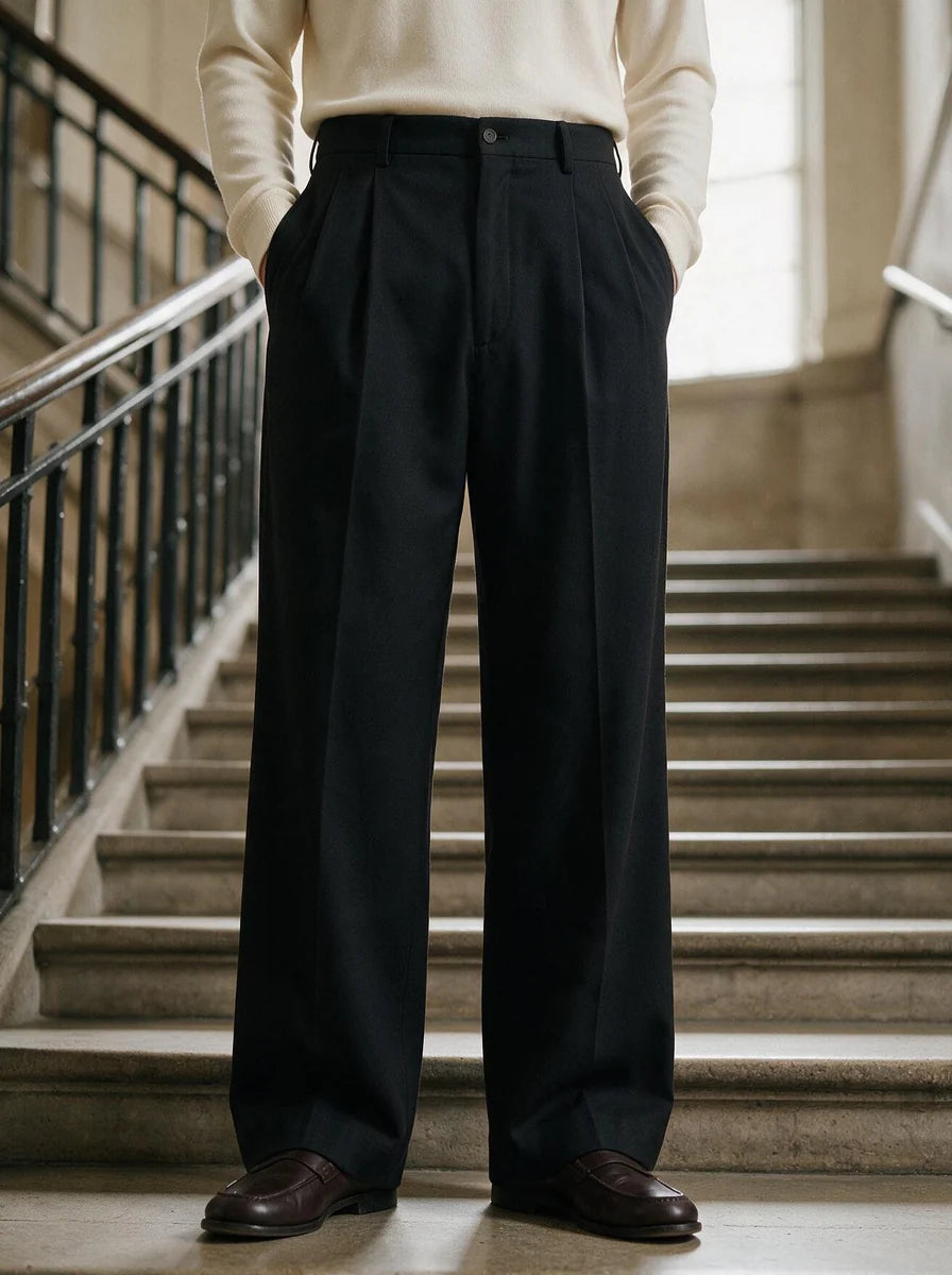 Men's Wide Leg Pleated Dress Pants with Tailored Waistband 4