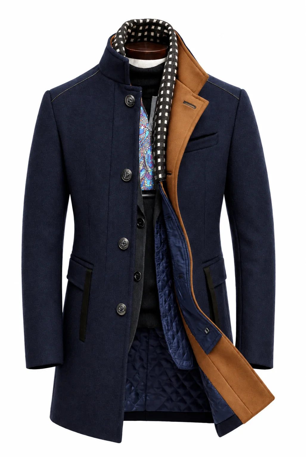 Men's Wool Blend Overcoat with Stand-Up Collar and Single-Breasted Closure 0