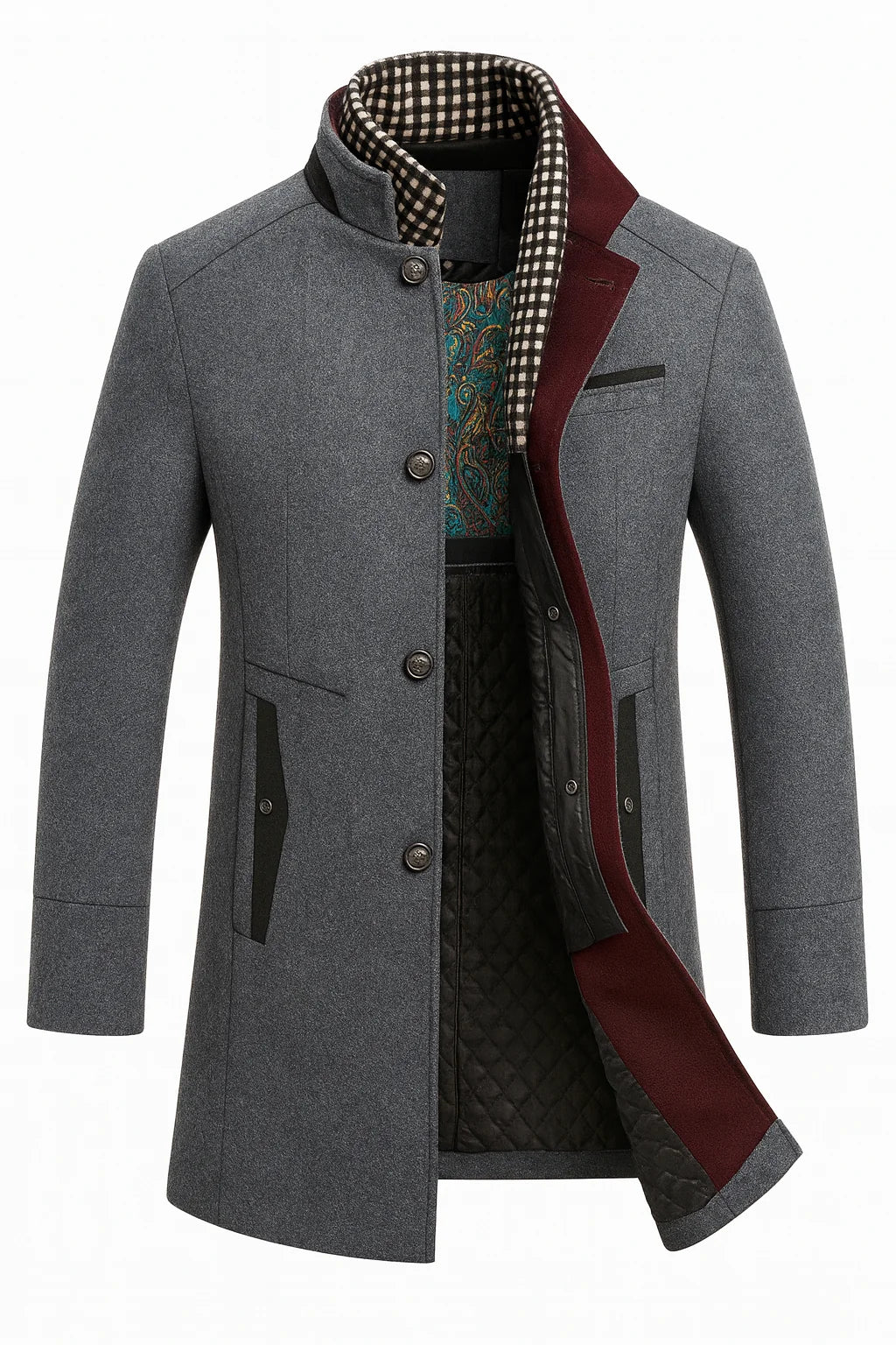 Men's Wool Blend Overcoat with Stand-Up Collar and Single-Breasted Closure 4