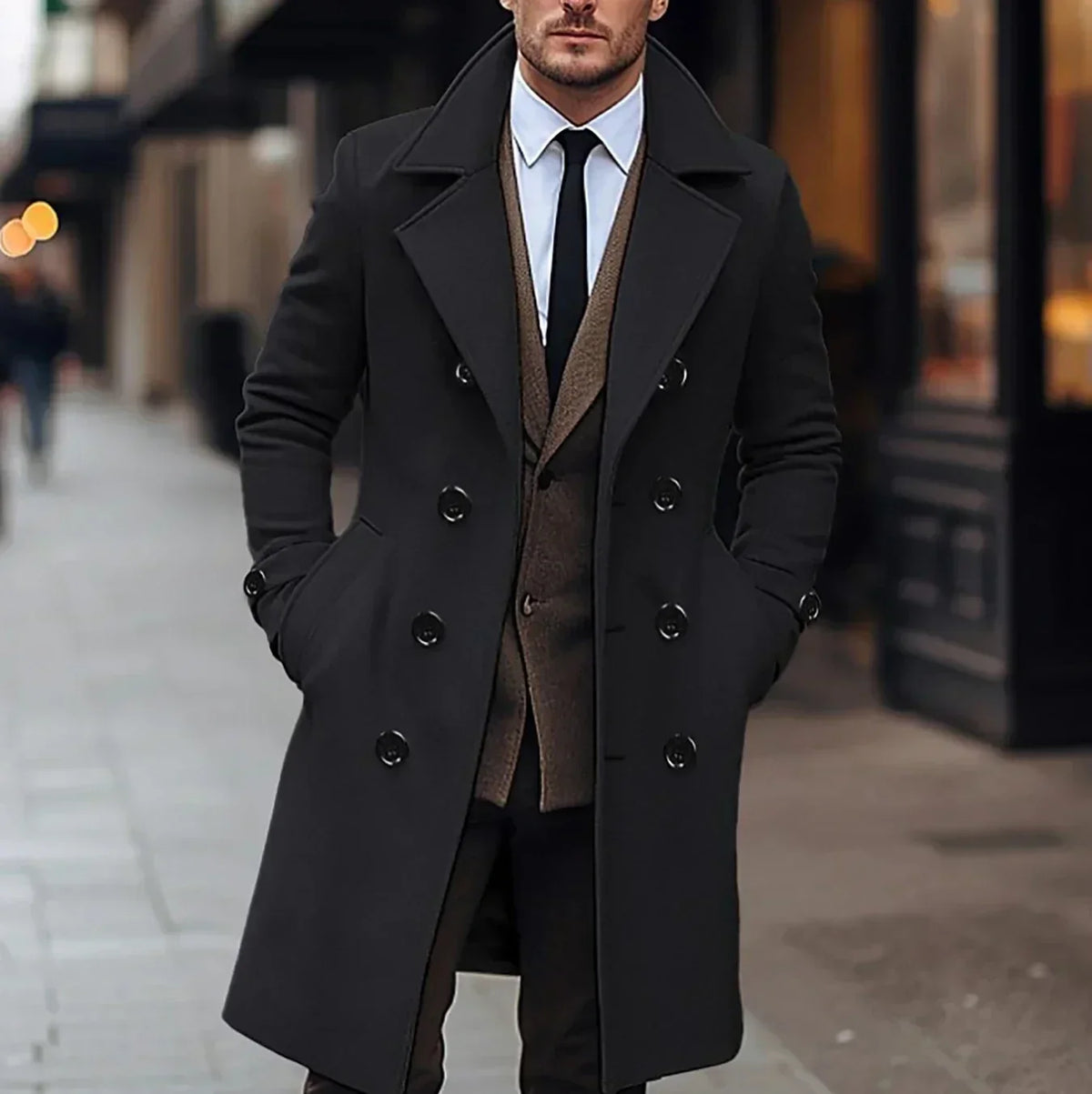 Men's Wool Double-Breasted Slim Fit Trench Coat 0