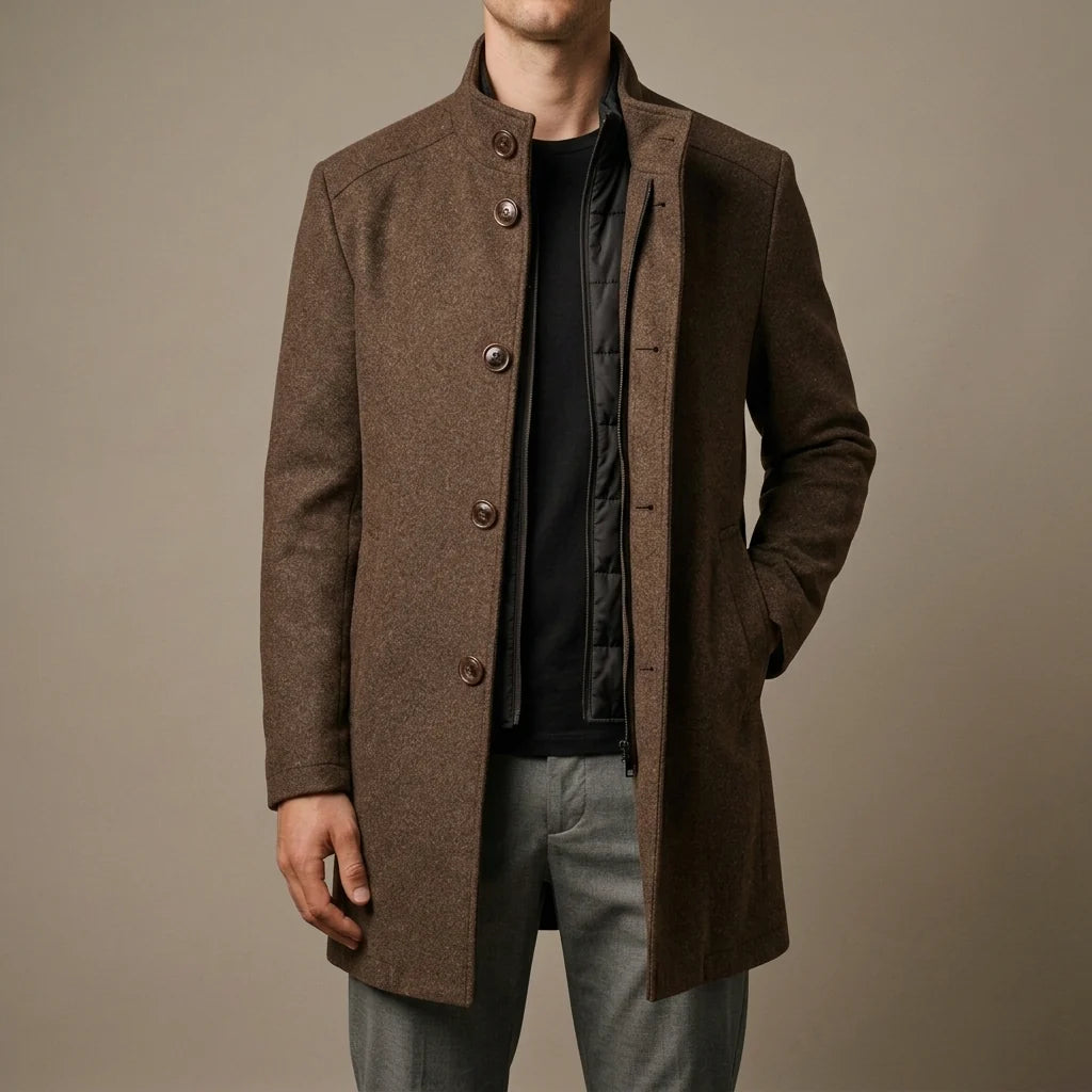 Men's Wool Tailored Overcoat with Insulated Lining and Button Closure 0