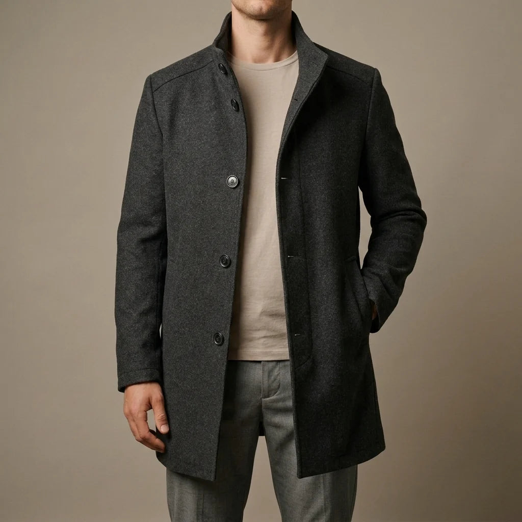 Men's Wool Tailored Overcoat with Insulated Lining and Button Closure 1