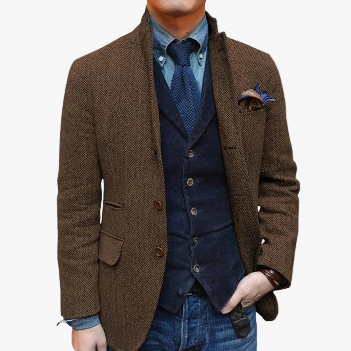 Men's Wool Tweed Single-Breasted Blazer Slim Tailored Fit 0