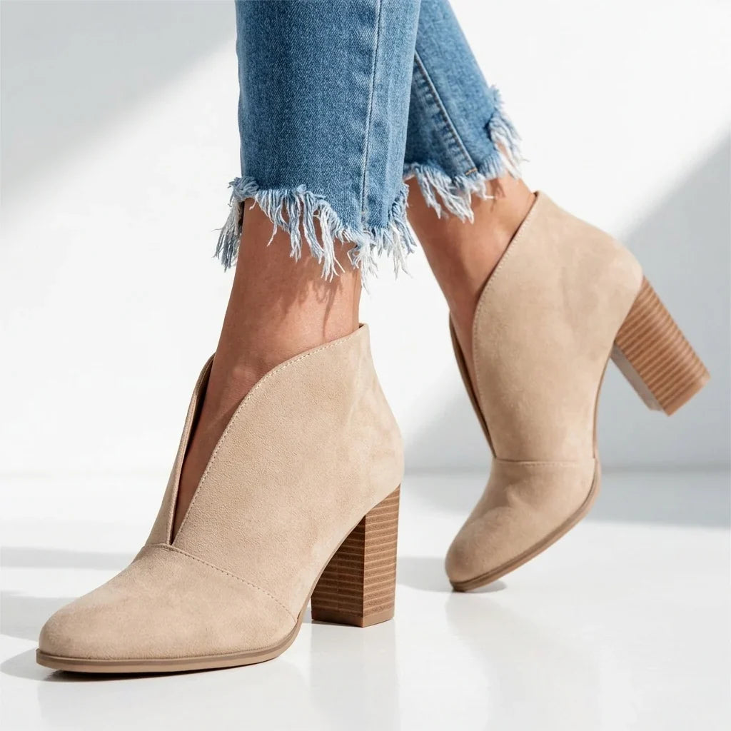Women's Almond Toe V-Cut Block Heel Ankle Boots 0