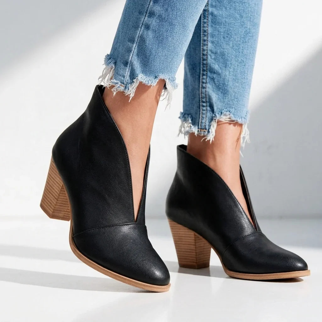 Women's Almond Toe V-Cut Block Heel Ankle Boots 1