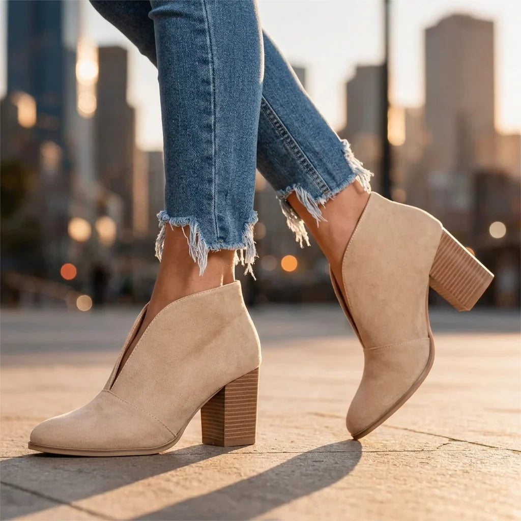 Women's Almond Toe V-Cut Block Heel Ankle Boots 3