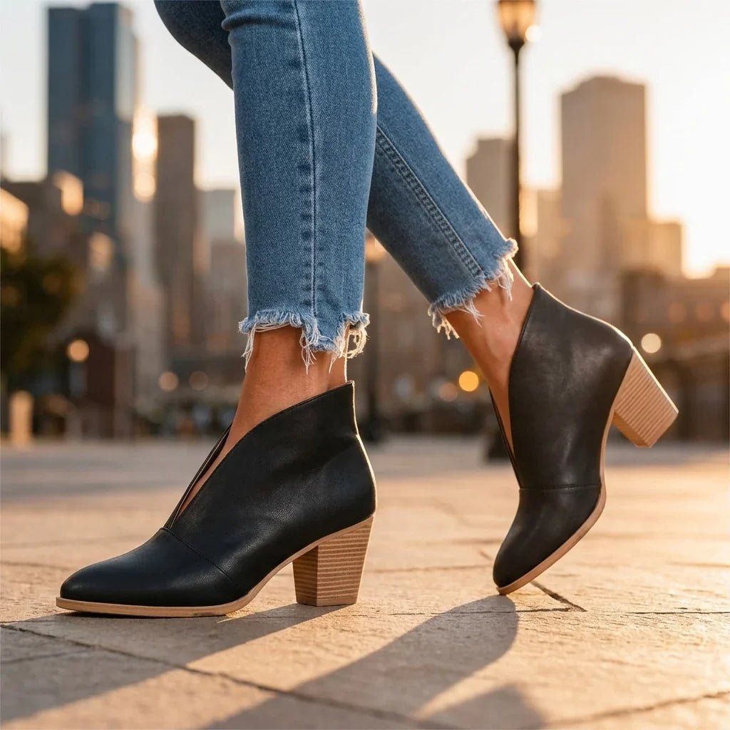 Women's Almond Toe V-Cut Block Heel Ankle Boots 4