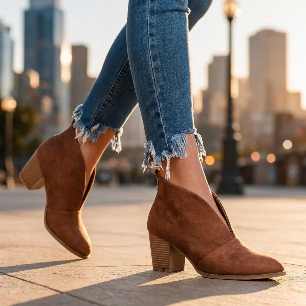 Women's Almond Toe V-Cut Block Heel Ankle Boots 5