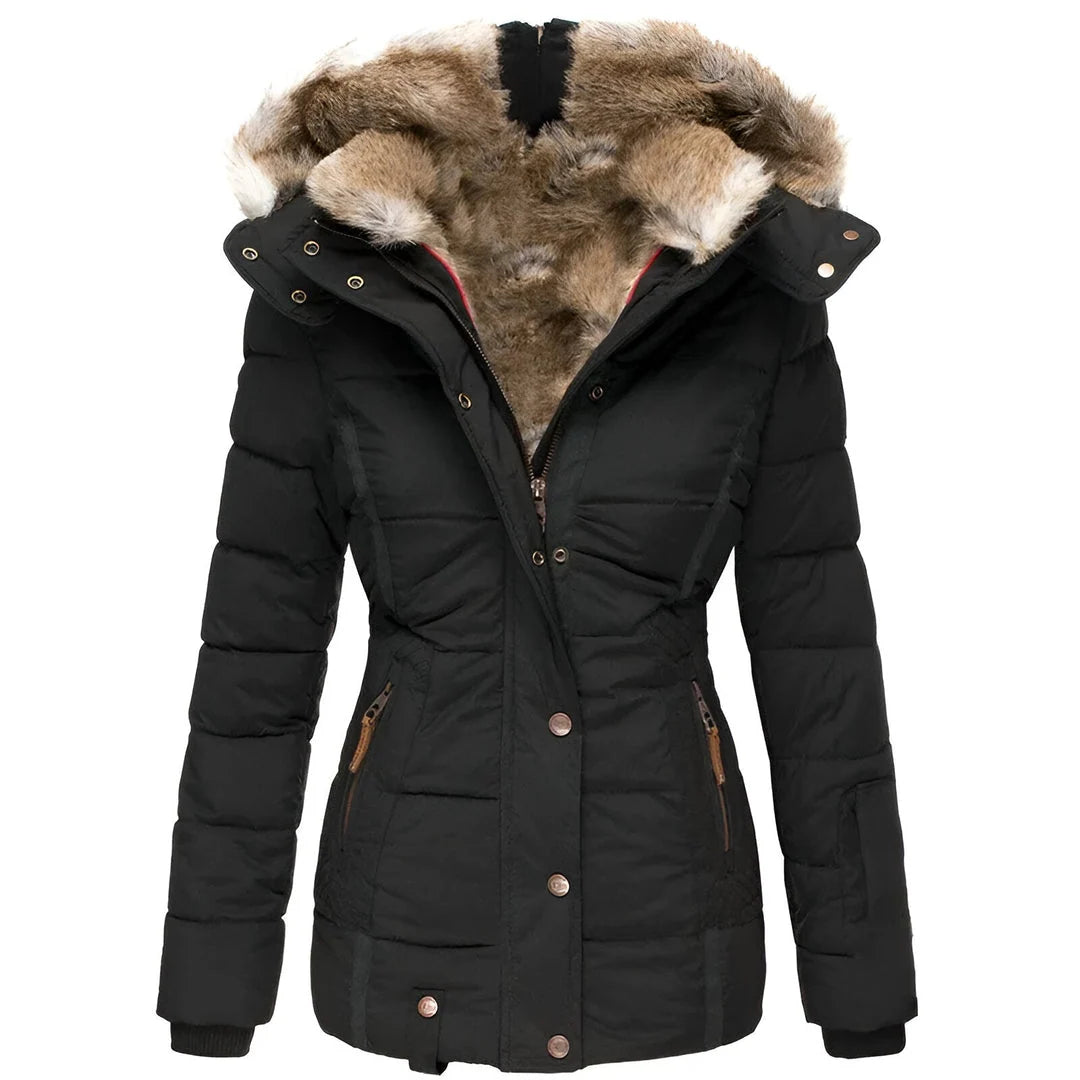 Women's Black Puffer Jacket with Fur-Lined Hood 0