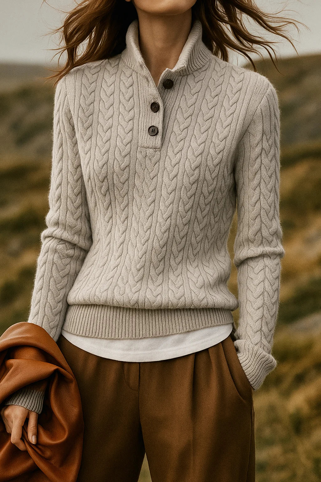 Women's Cable Knit Button-Front Cardigan Sweater with Stand Collar 9