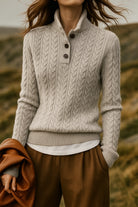 Women's Cable Knit Button-Front Cardigan Sweater with Stand Collar 9