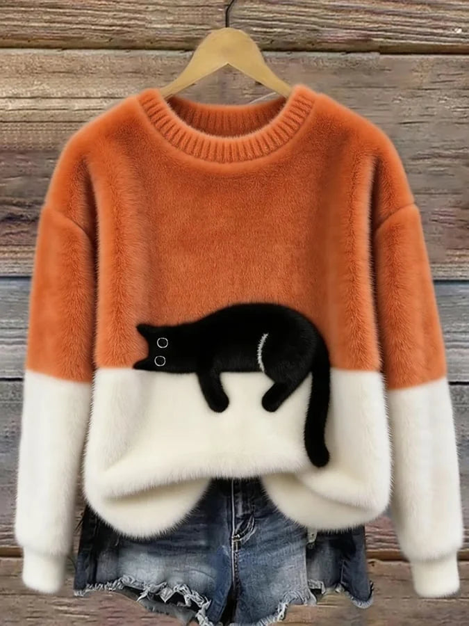 Women's Casual Pullover Sweater with Cat Print Design 0