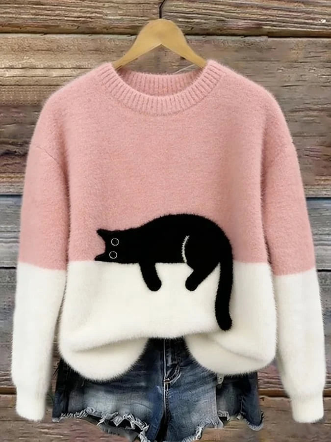 Women's Casual Pullover Sweater with Cat Print Design 1