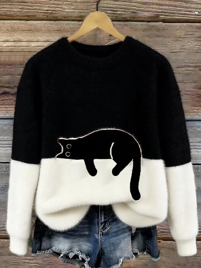 Women's Casual Pullover Sweater with Cat Print Design 2