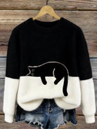 Women's Casual Pullover Sweater with Cat Print Design 2