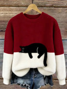 Women's Casual Pullover Sweater with Cat Print Design 3