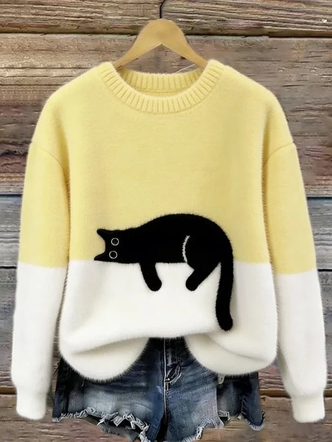 Women's Casual Pullover Sweater with Cat Print Design 4