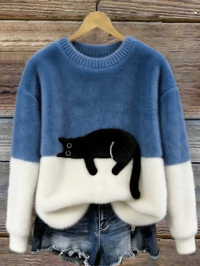 Women's Casual Pullover Sweater with Cat Print Design 6