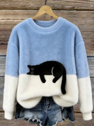 Women's Casual Pullover Sweater with Cat Print Design 7