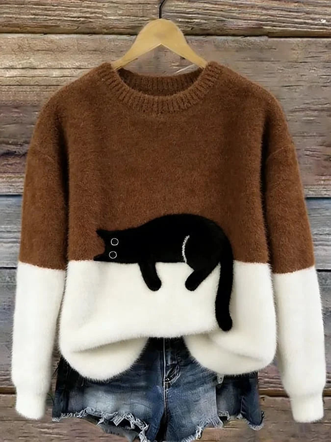 Women's Casual Pullover Sweater with Cat Print Design 8