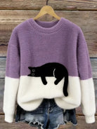 Women's Casual Pullover Sweater with Cat Print Design 9