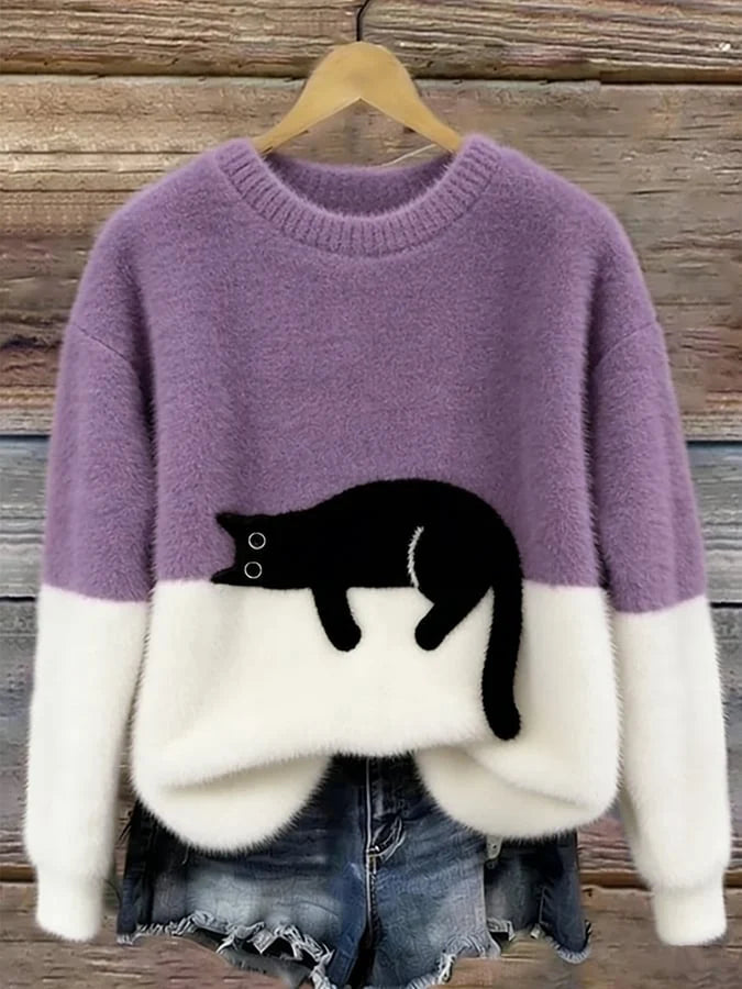 Women's Casual Pullover Sweater with Cat Print Design 9