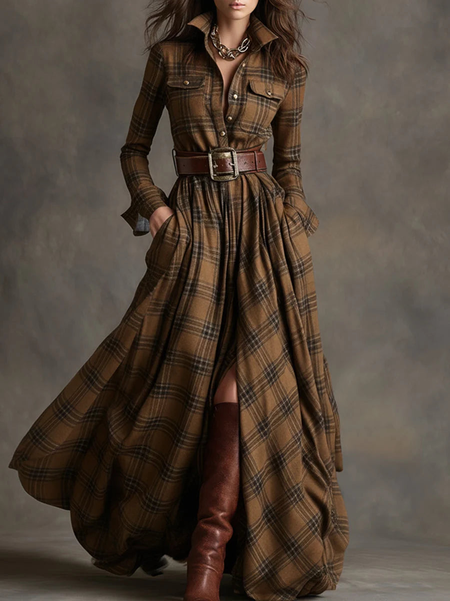 Women's Classic Plaid Button-Down Shirt Dress with Flowing Silhouette 11