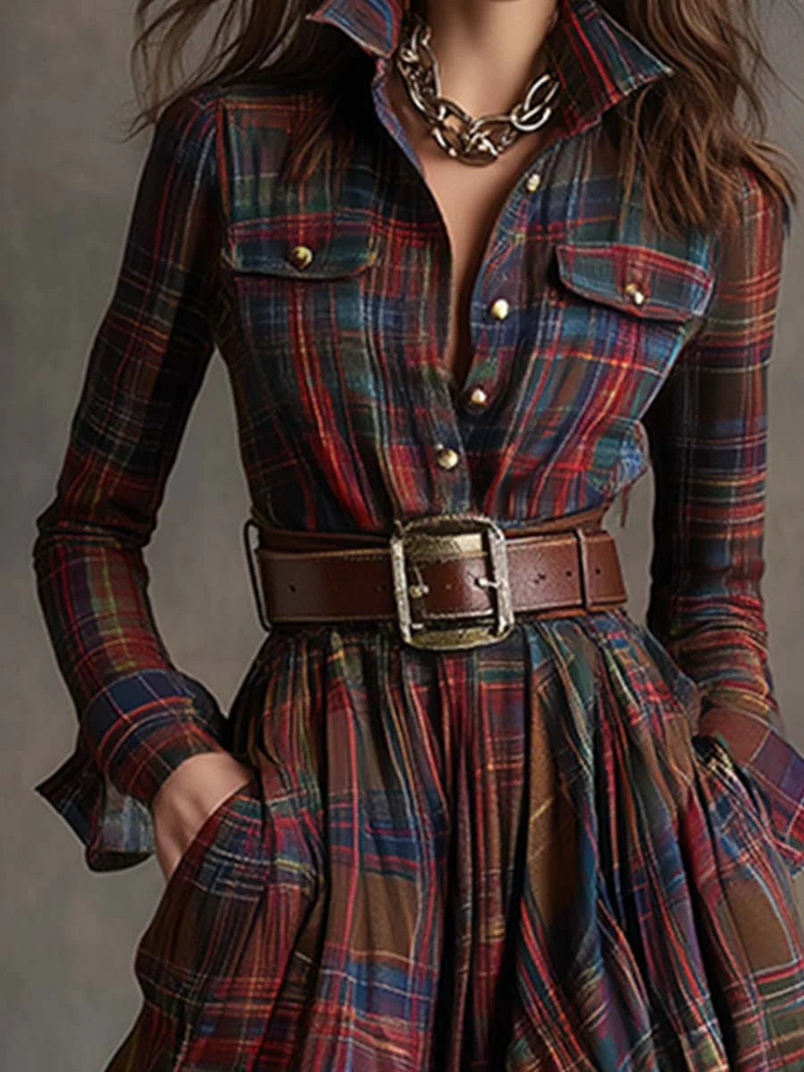 Women's Classic Plaid Button-Down Shirt Dress with Flowing Silhouette 2