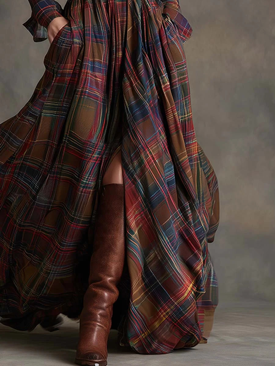 Women's Classic Plaid Button-Down Shirt Dress with Flowing Silhouette 3