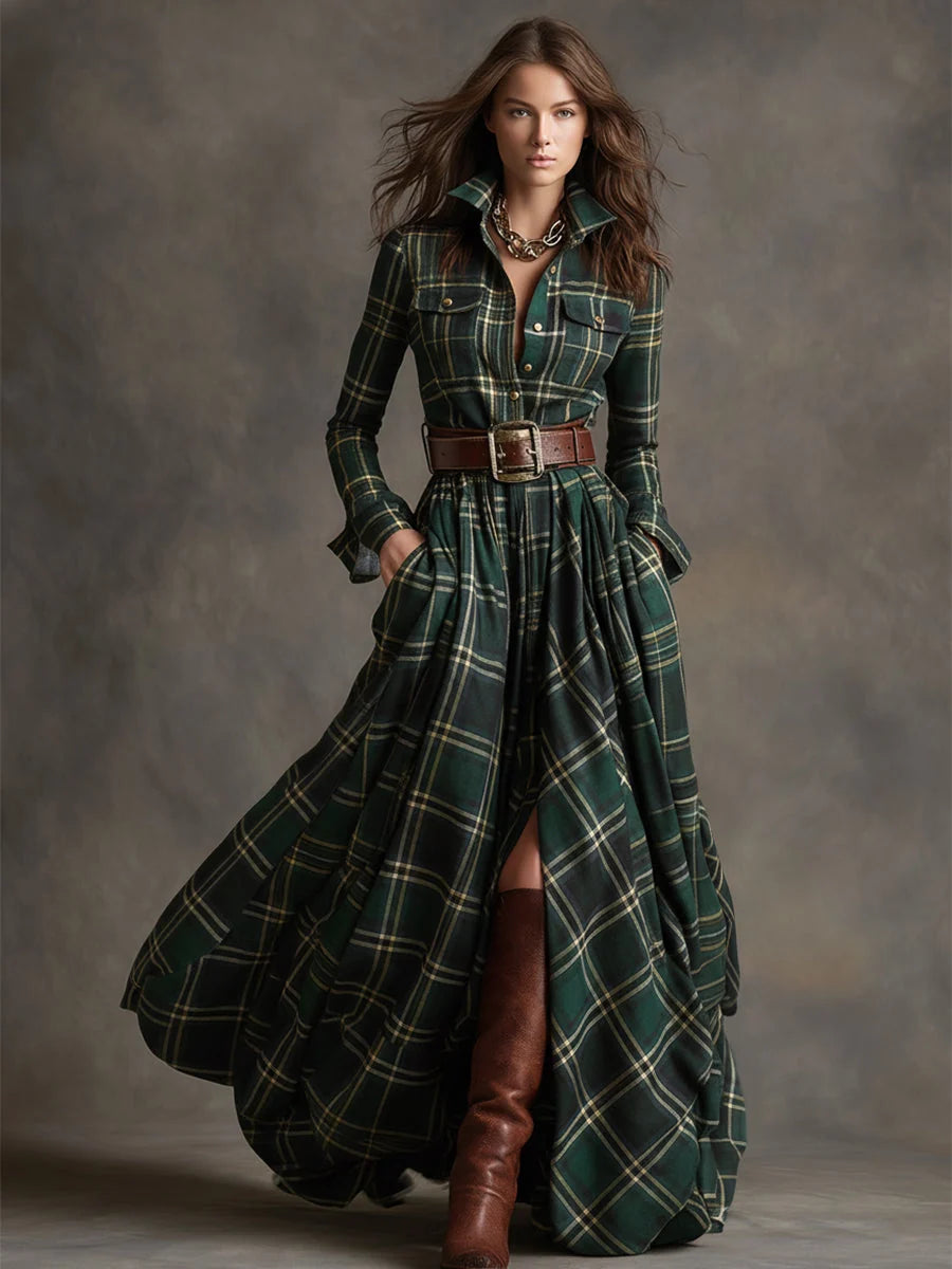 Women's Classic Plaid Button-Down Shirt Dress with Flowing Silhouette 4