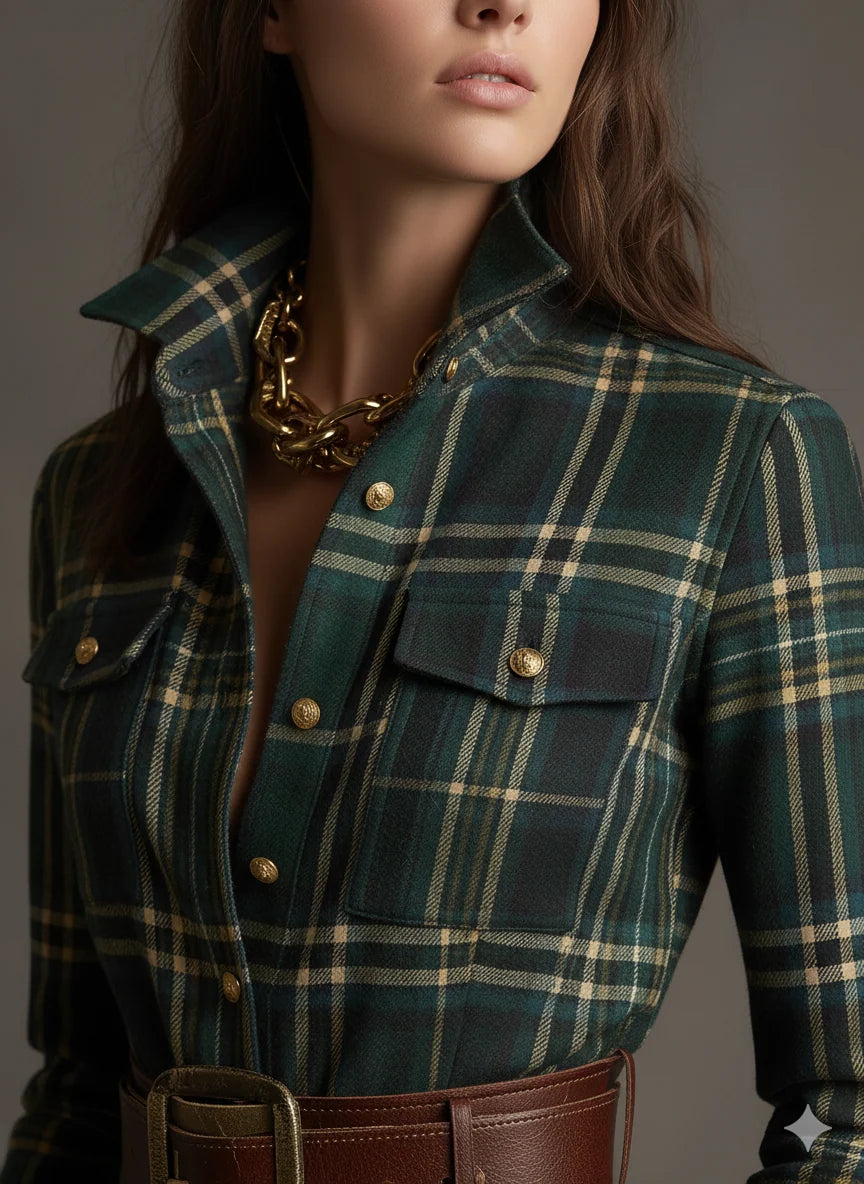 Women's Classic Plaid Button-Down Shirt Dress with Flowing Silhouette 5