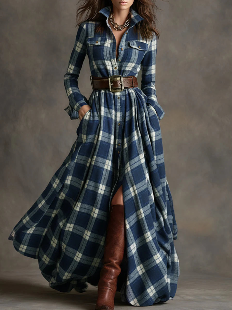 Women's Classic Plaid Button-Down Shirt Dress with Flowing Silhouette 9
