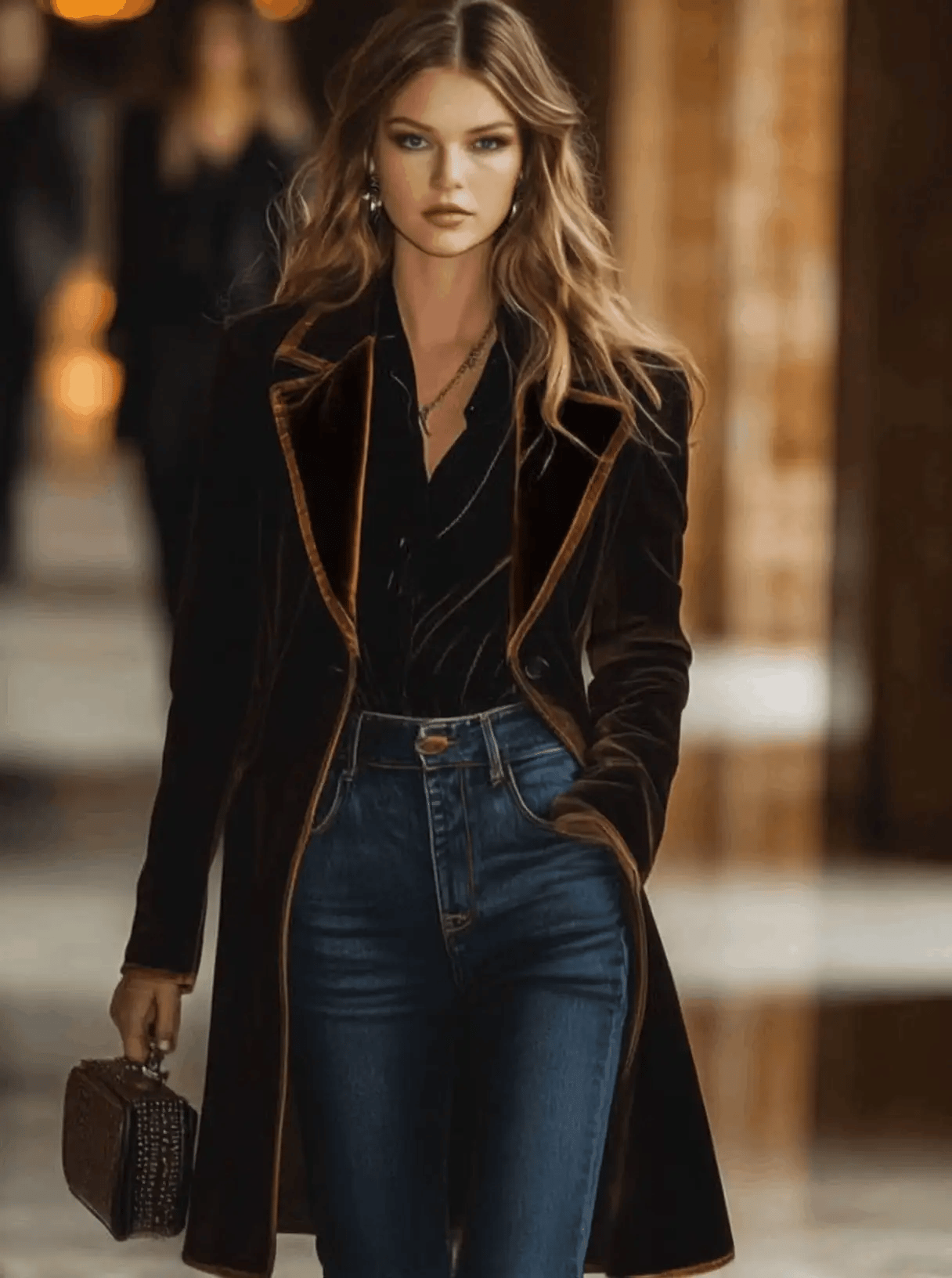 Women's Color-Block Velvet Lapel Coat with Pockets 1