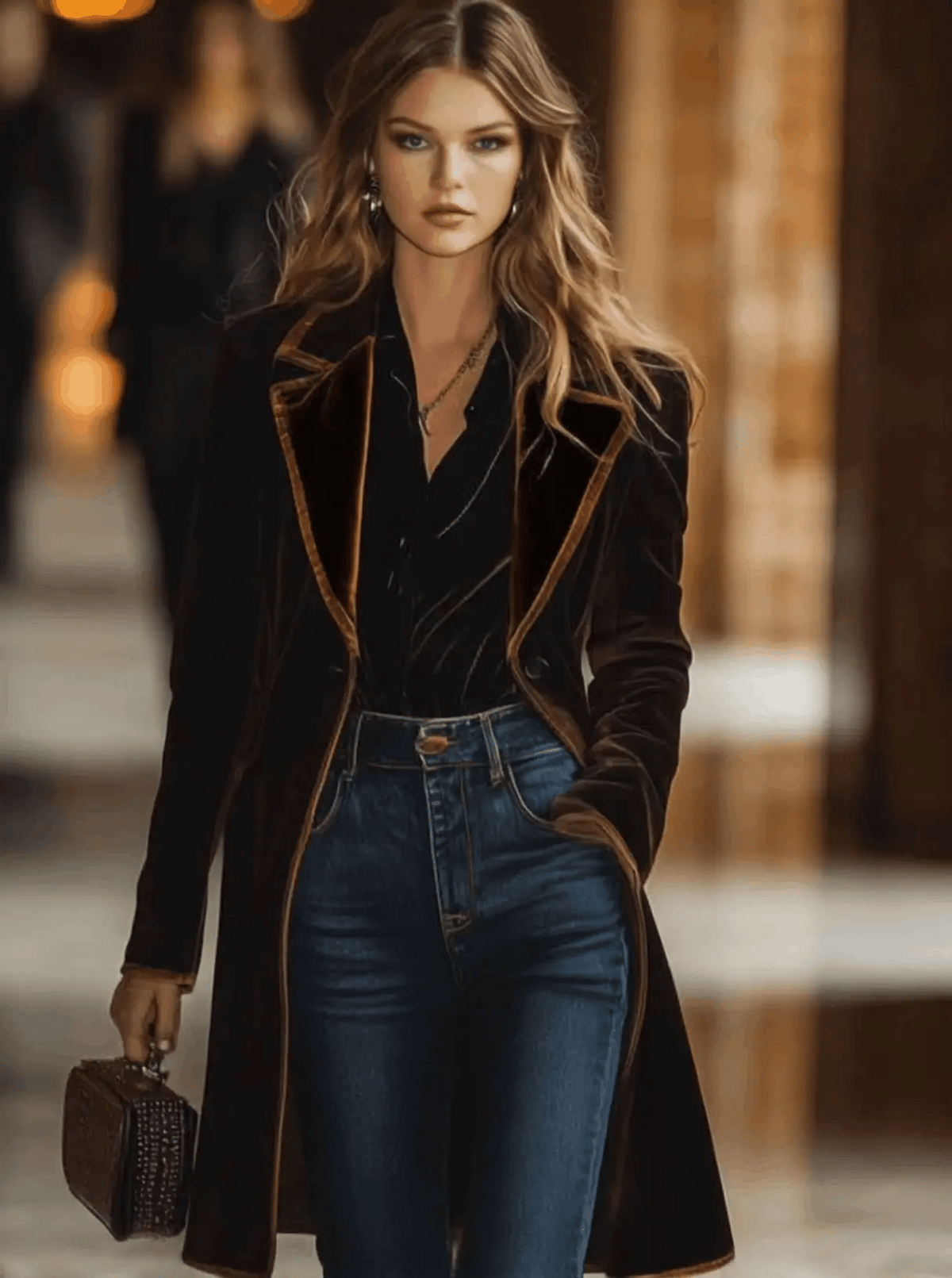 Women's Color-Block Velvet Lapel Coat with Pockets 1