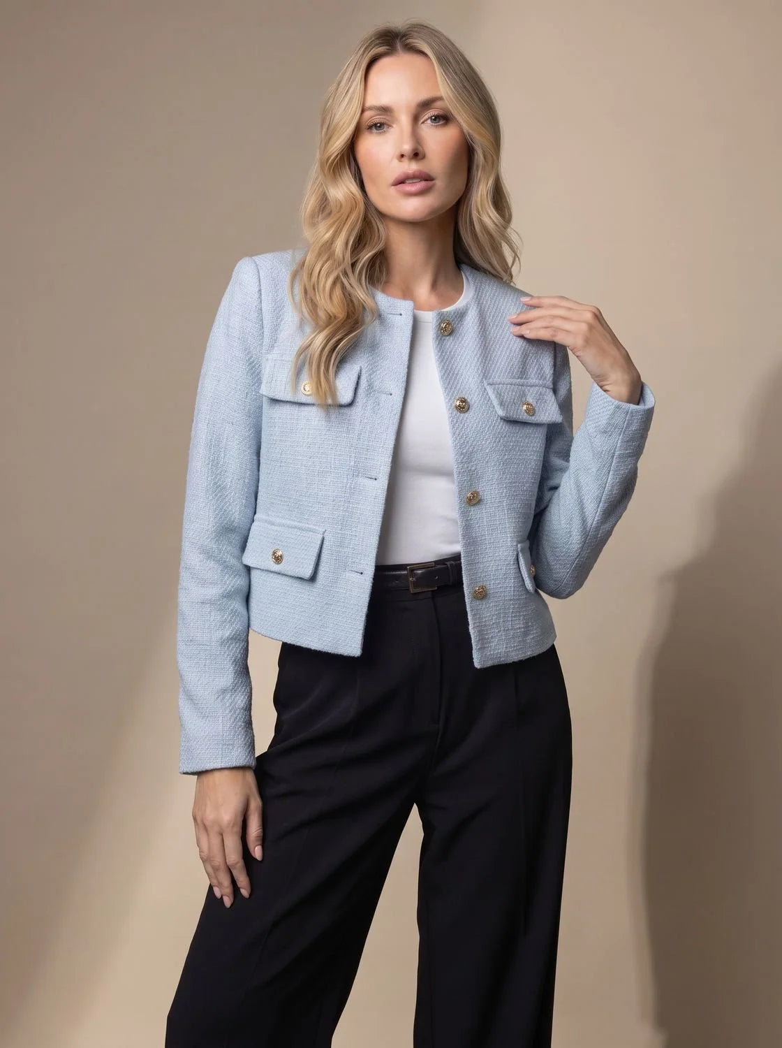 Women's Cropped Collarless Tweed Blazer with Gold Buttons and Flap Pockets 0