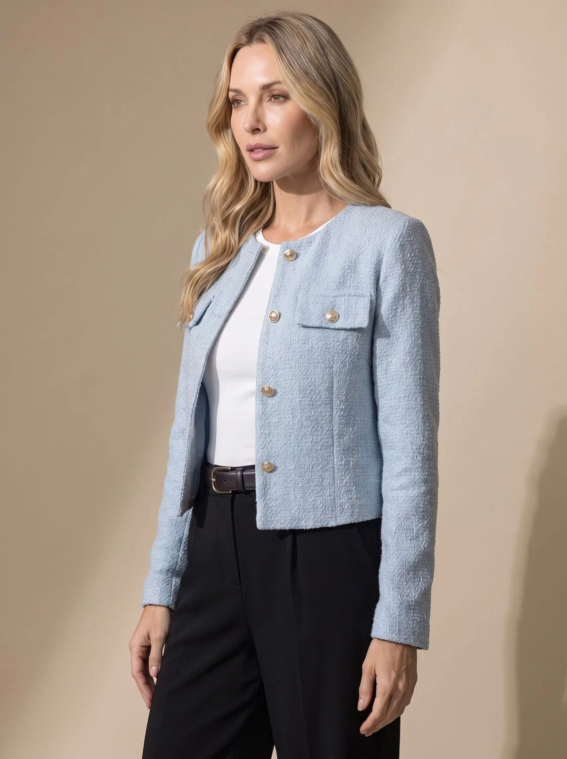 Women's Cropped Collarless Tweed Blazer with Gold Buttons and Flap Pockets 1