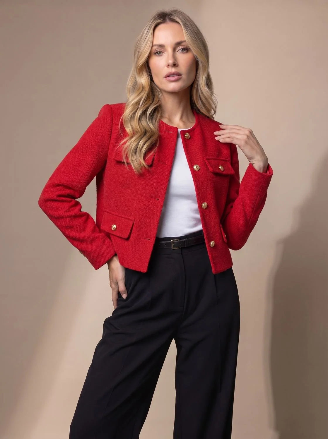 Women's Cropped Collarless Tweed Blazer with Gold Buttons and Flap Pockets 11