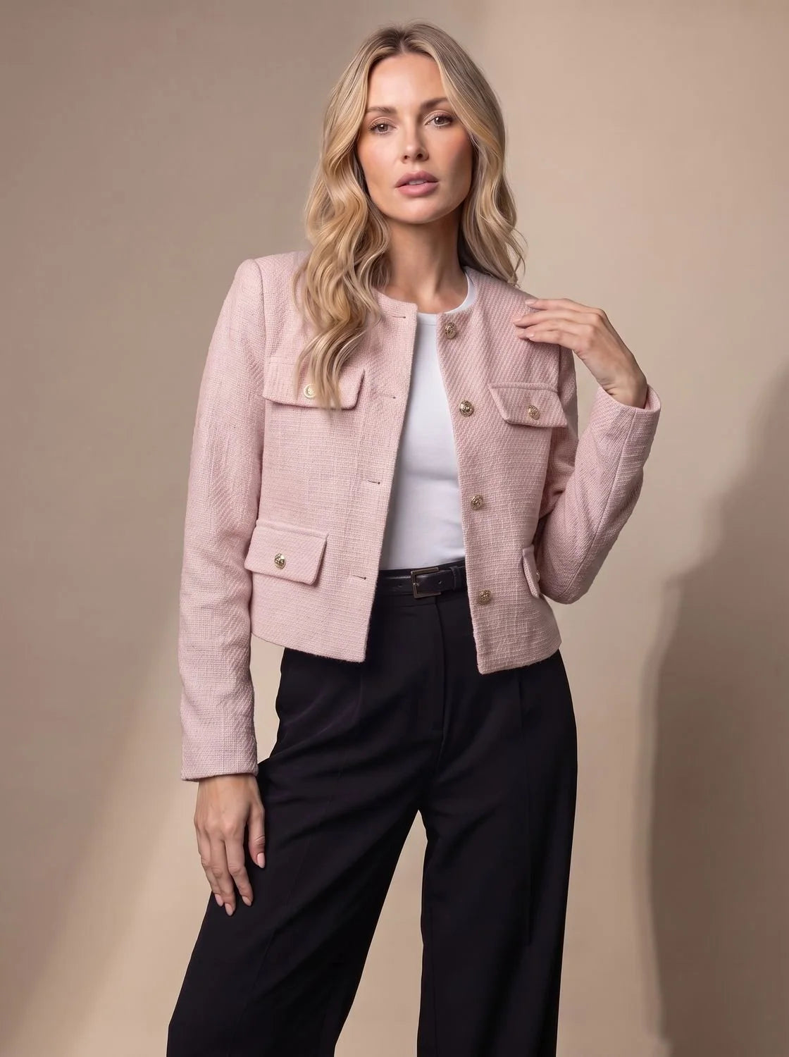 Women's Cropped Collarless Tweed Blazer with Gold Buttons and Flap Pockets 12