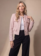 Women's Cropped Collarless Tweed Blazer with Gold Buttons and Flap Pockets 12
