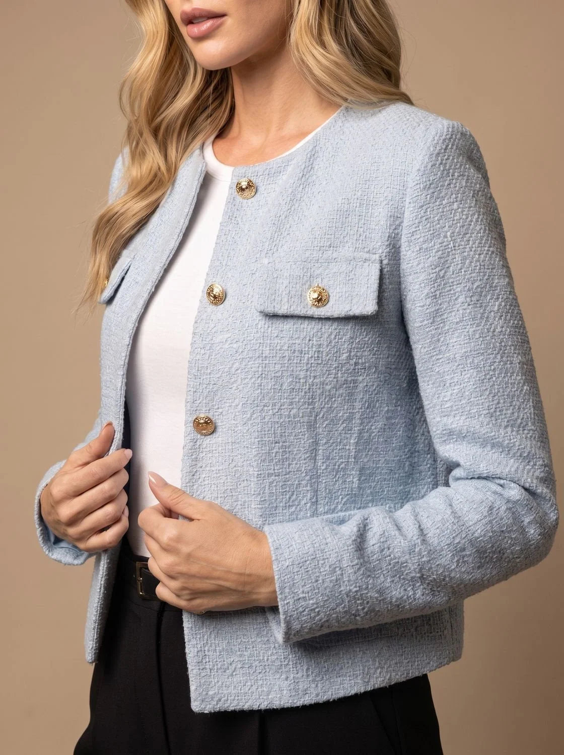 Women's Cropped Collarless Tweed Blazer with Gold Buttons and Flap Pockets 2