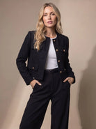Women's Cropped Collarless Tweed Blazer with Gold Buttons and Flap Pockets 3