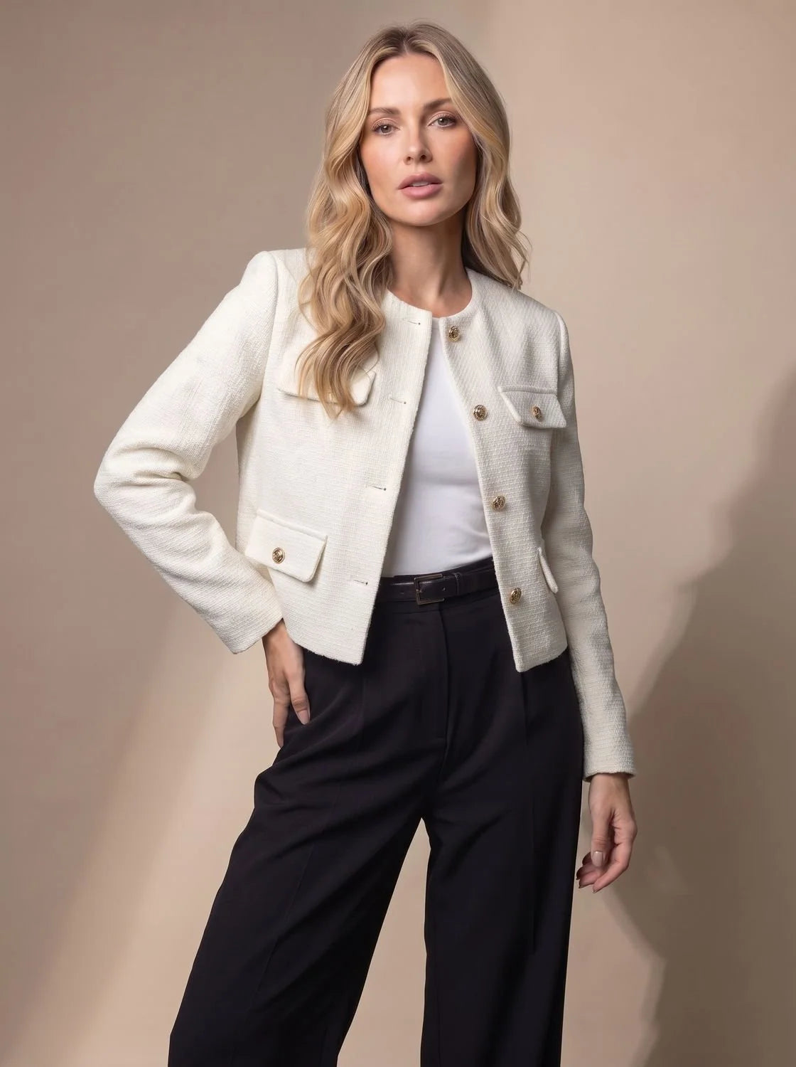 Women's Cropped Collarless Tweed Blazer with Gold Buttons and Flap Pockets 4