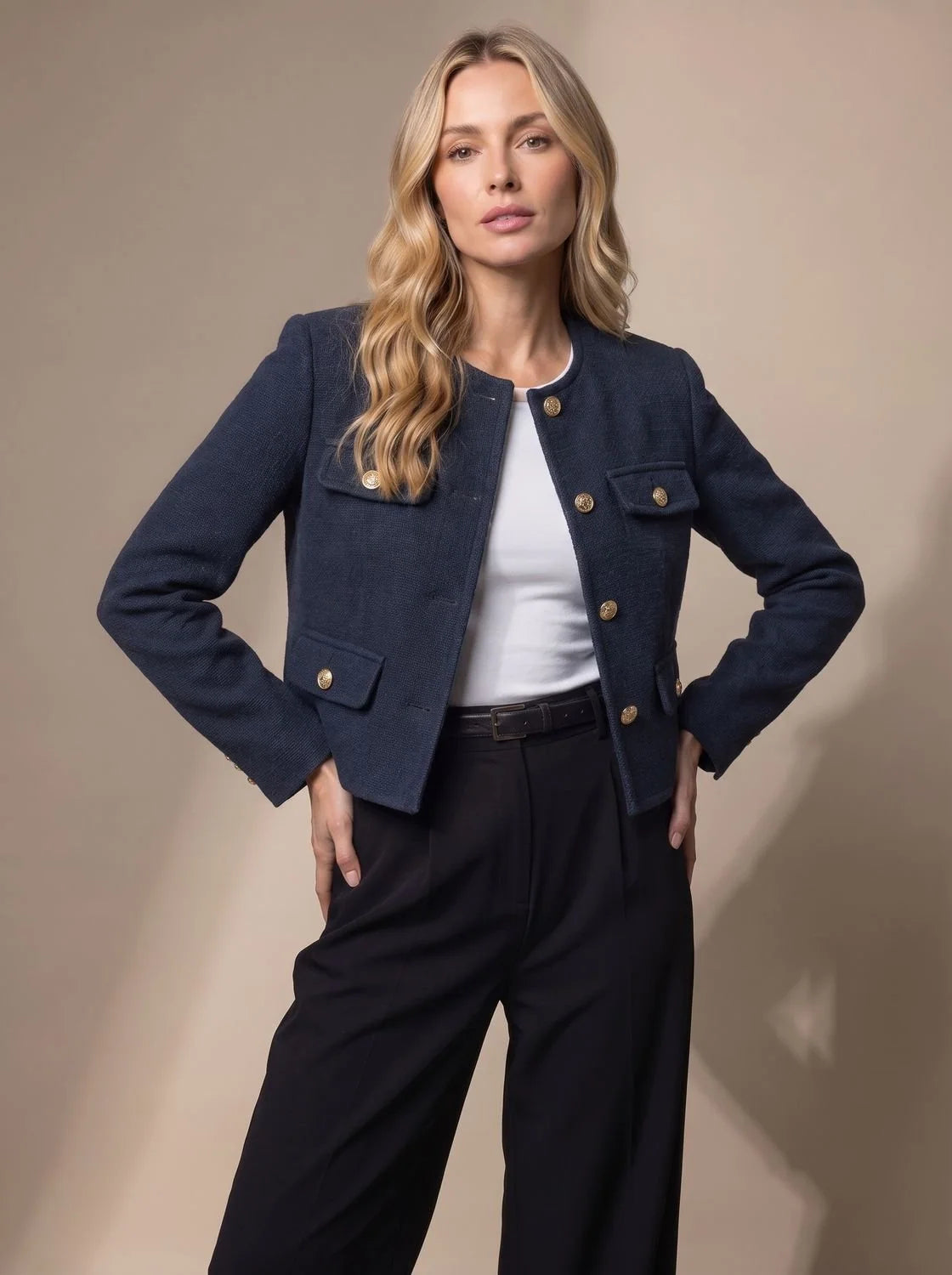 Women's Cropped Collarless Tweed Blazer with Gold Buttons and Flap Pockets 6