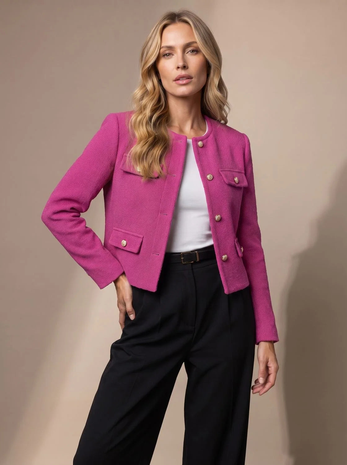 Women's Cropped Collarless Tweed Blazer with Gold Buttons and Flap Pockets 7