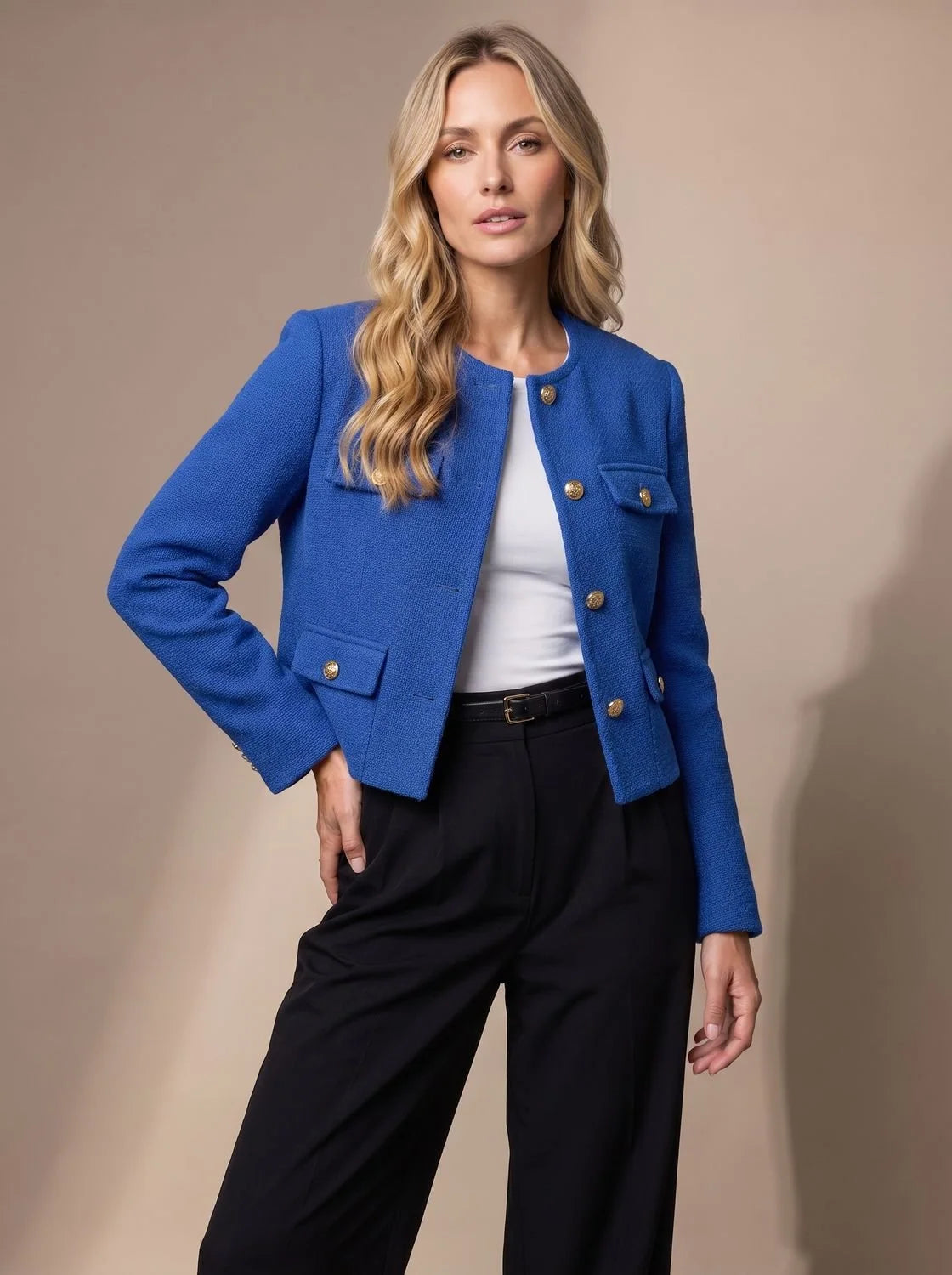 Women's Cropped Collarless Tweed Blazer with Gold Buttons and Flap Pockets 8